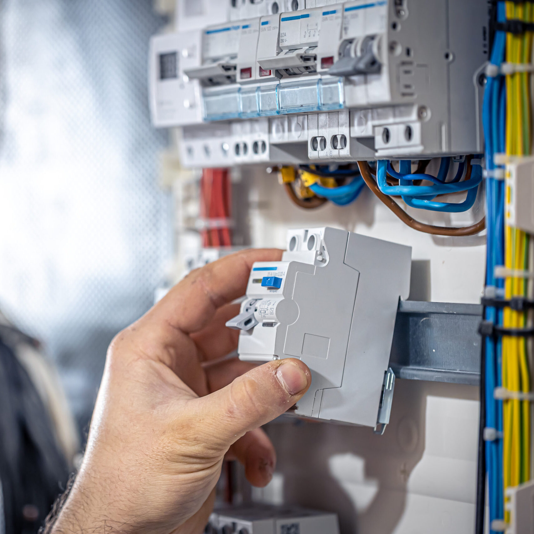 Male electrician at the checkout counter on a blurred background of a switchboard.